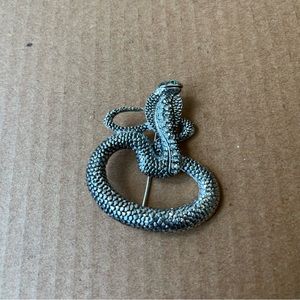 Egyptian Revival Coiled Cobra Snake Brooch Rhinestones Silver Tone Viper Pin